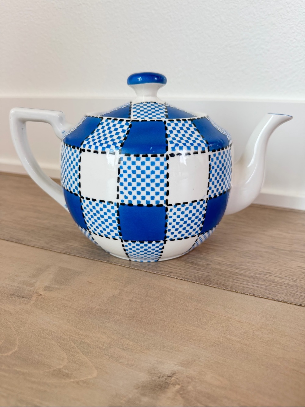 Checkers Japan Vintage Blue White Teapot Checkerboard Ceramic Tea Pot Retro MCM